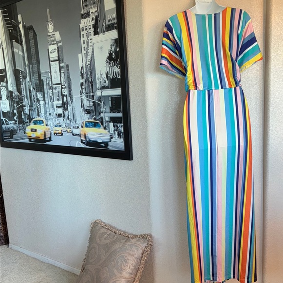 ELOQUII Dress, bold Multicolor Stripes, tie waistband, mid calf. Size 24. NWT - Picture 5 of 17